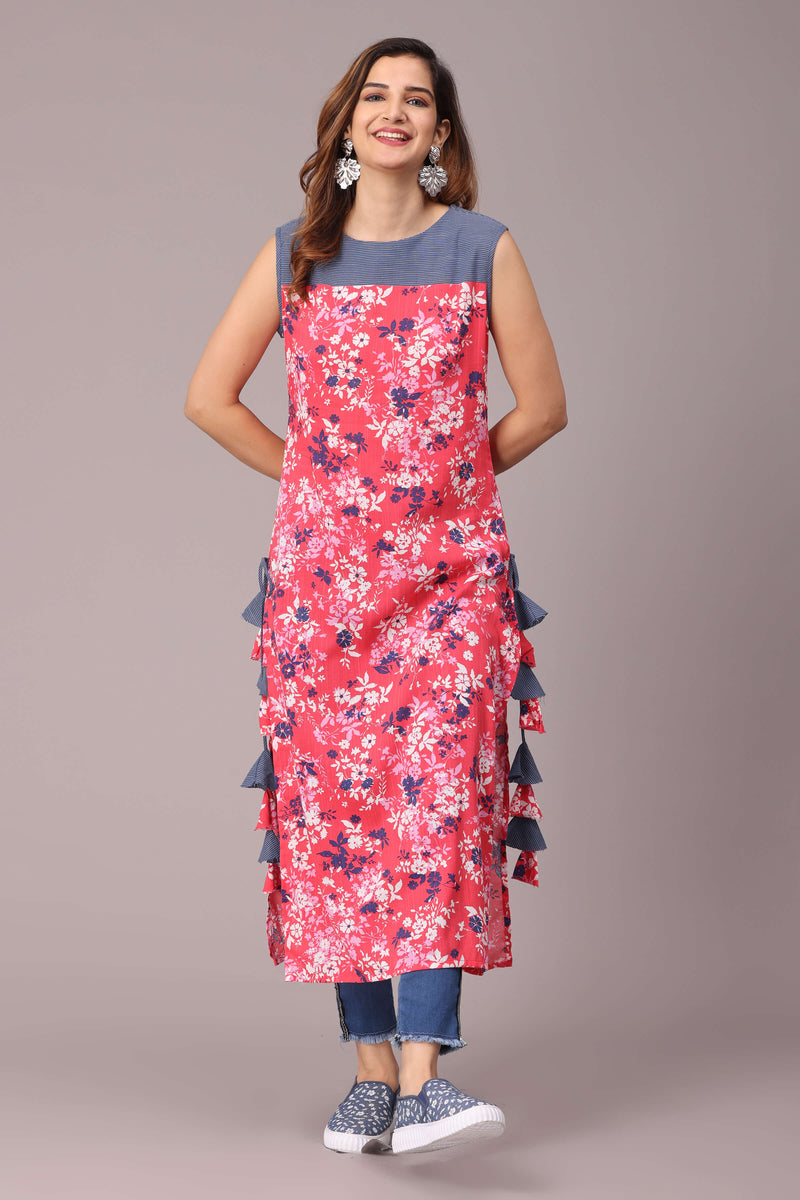 Pink Floral Casual Straight Cut Kurti With Grey Yoke