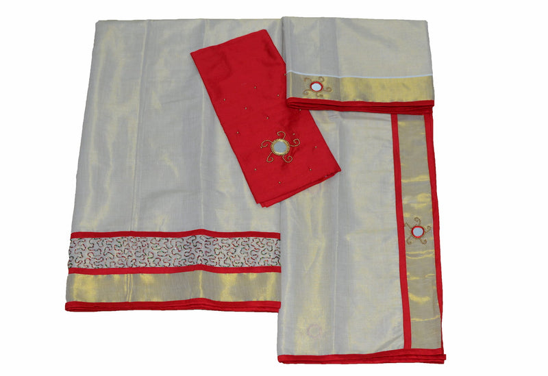 Red Colour Tissue Davani/half Saree With Bead And Mirror Work