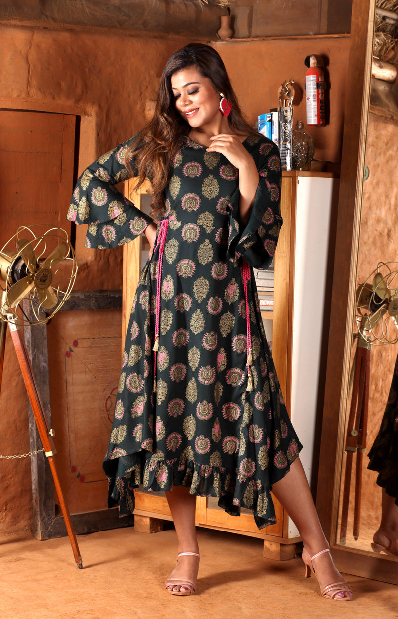 Bottle Green Gold Printed Apple Cut Long Kurti With Frilled Bottom & Bell Sleeves With Waist Tieable