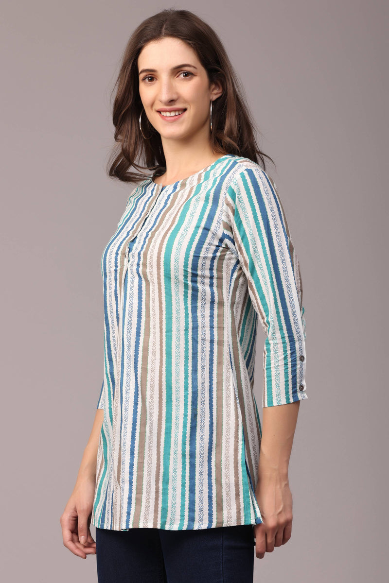 Cream Multicolor Striped Front Frilled Placket