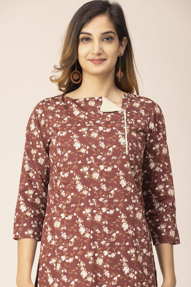 Brown Floral Print Ankle Length Straight Kurta With Cream Contrast