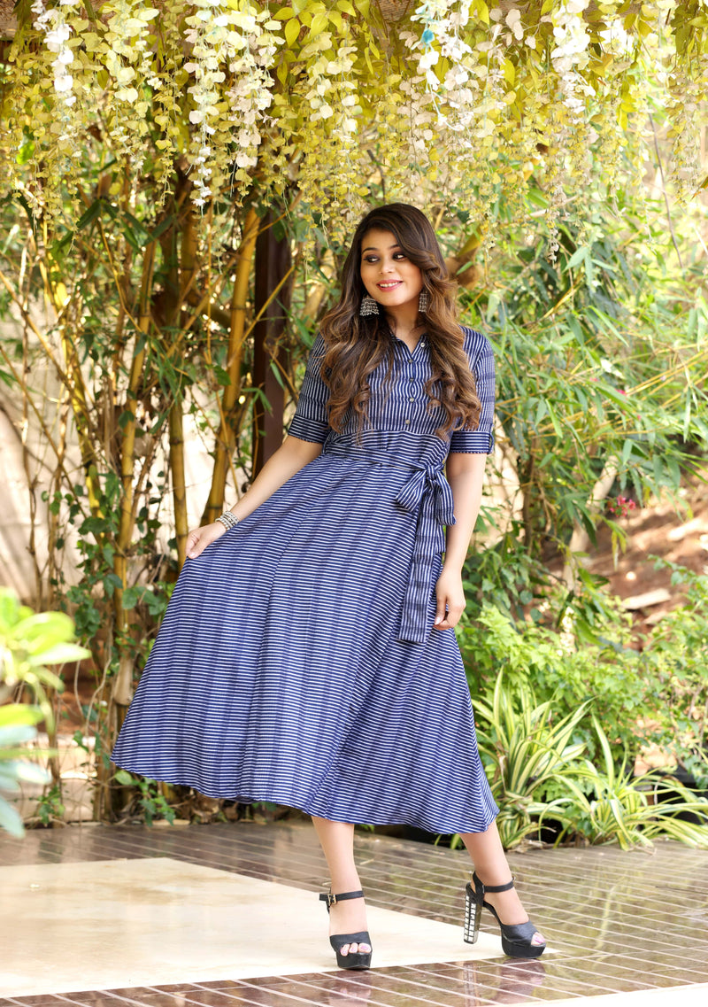 Navy Striped Long Kurta With Collared Front Placket