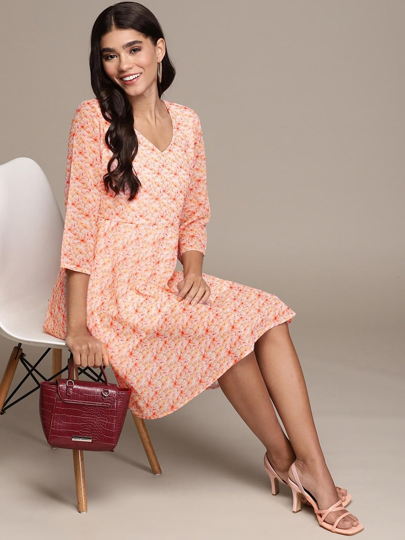 Women Peach Georgette Fit And Flare Dress
