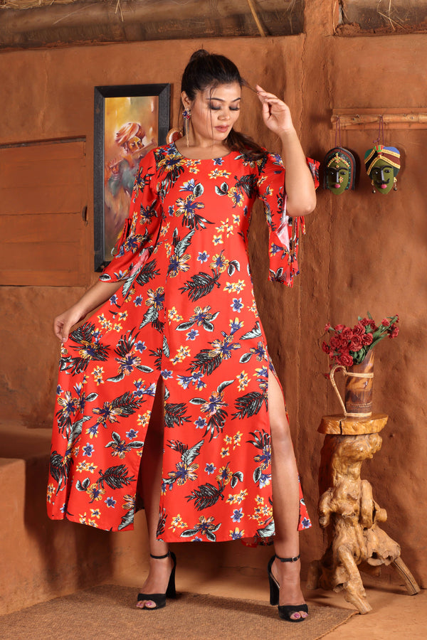 Red Floral Printed Long Kurti With Front Double Slit