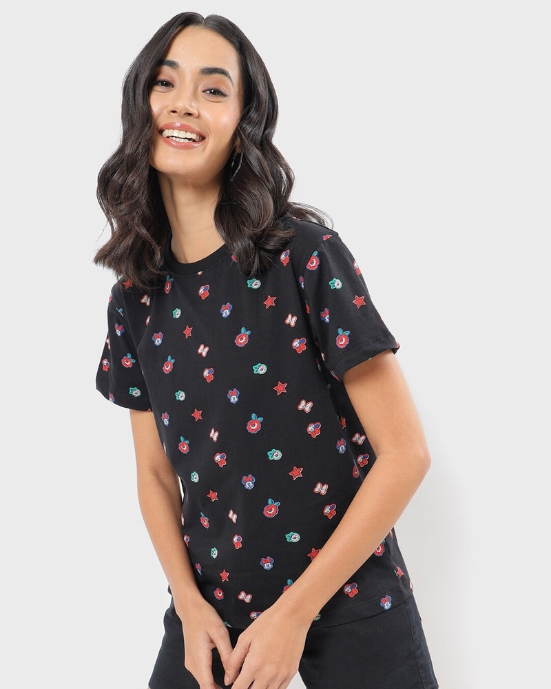 Women Black All Over Printed T-shirt