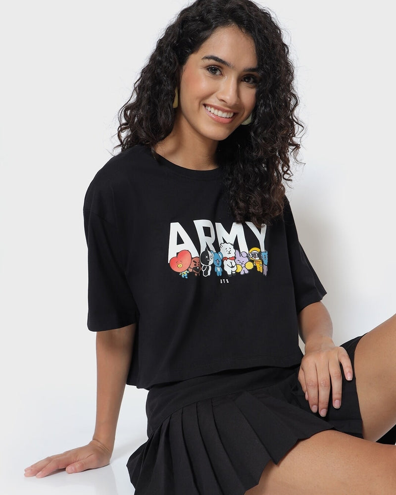Women Black Bts Army Graphic Printed Oversized T-shirt