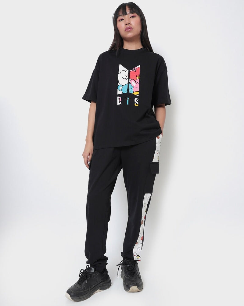 Women Black Bts Logo Graphic Printed Oversized T-shirt