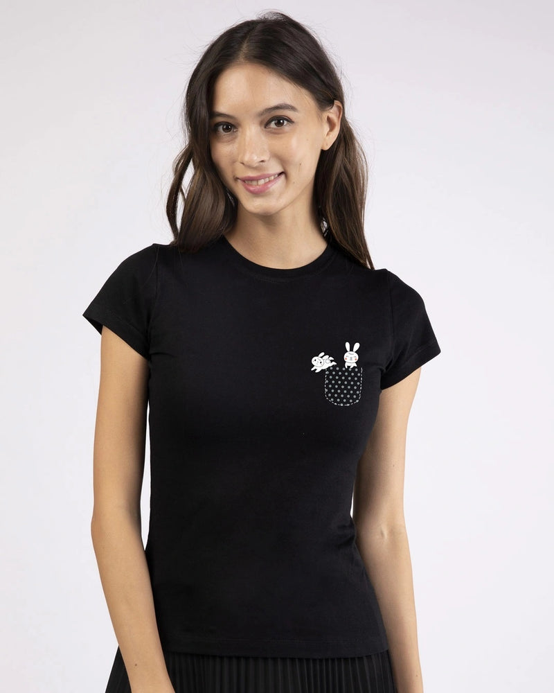 Women Black Bunny Rabbit Pocket Slim Fit T-shirt