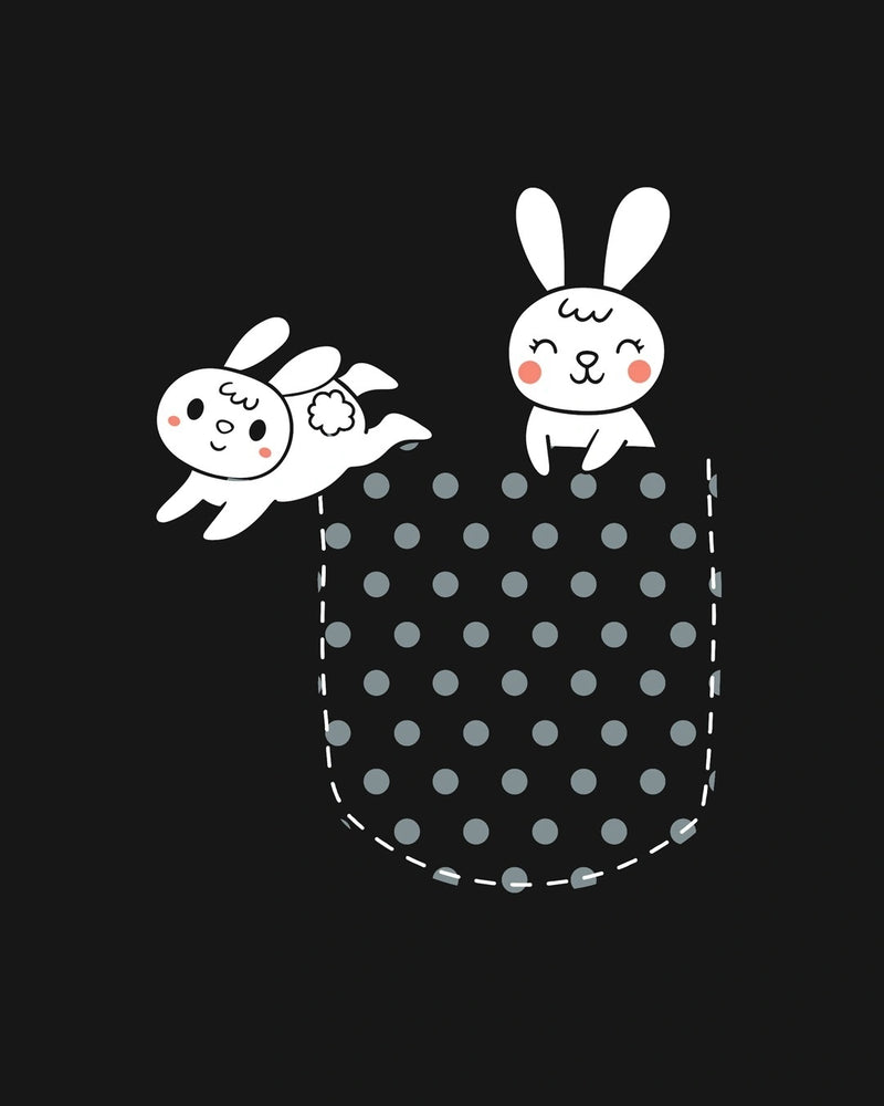 Women Black Bunny Rabbit Pocket Slim Fit T-shirt