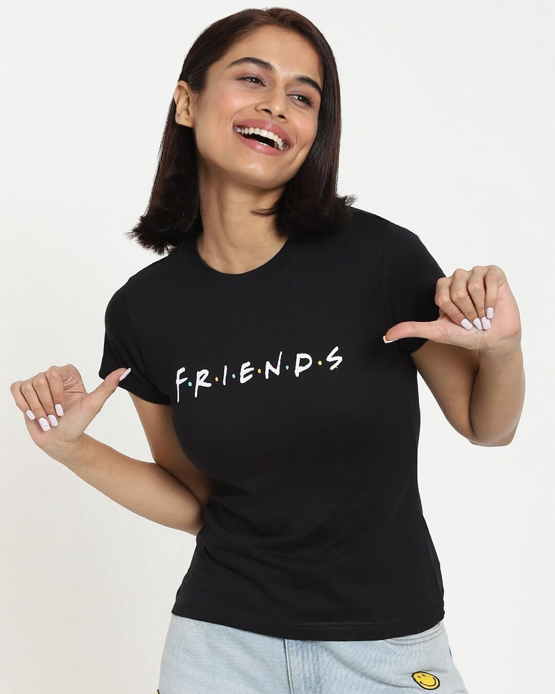 bewakoof women friends logo black t-shirt