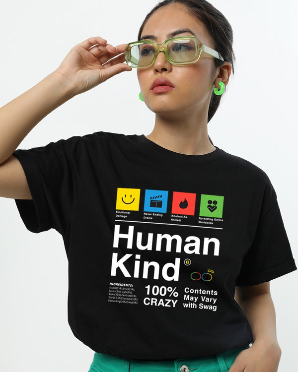 Women Black Human Kind Typography T-shirt
