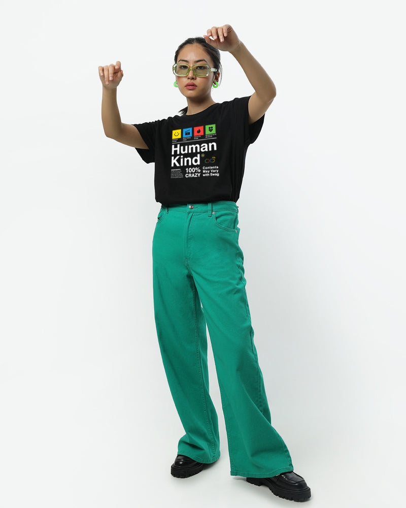 Women Black Human Kind Typography T-shirt