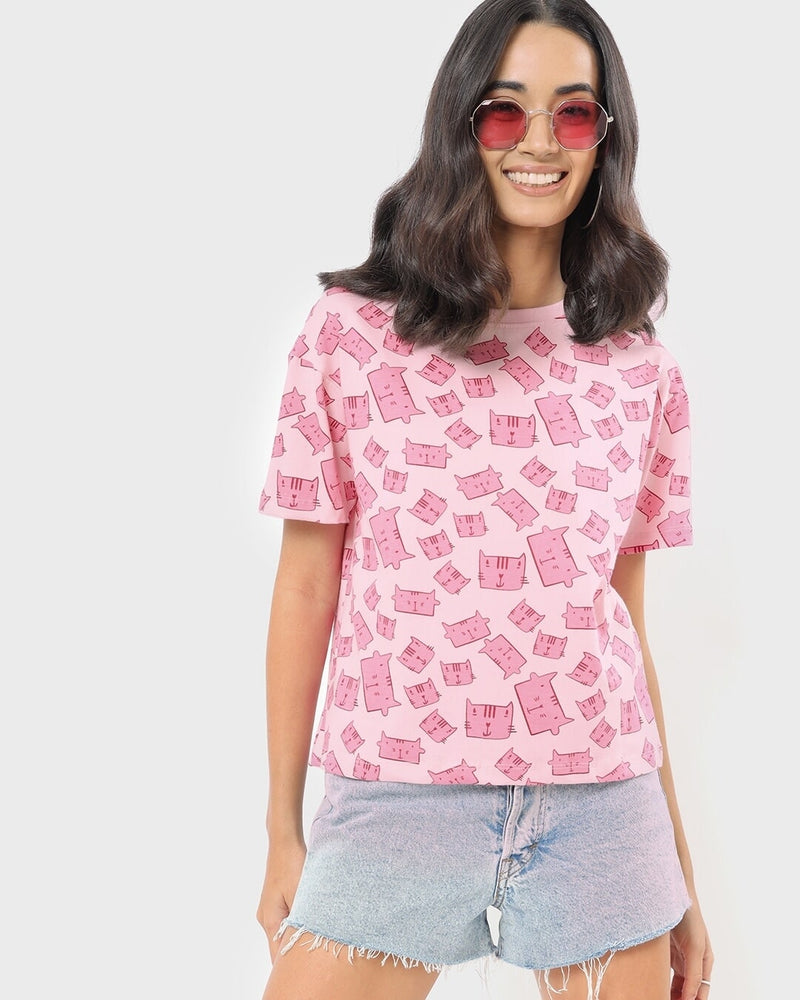 Women Pink All Over Printed Relaxed Fit T-shirt