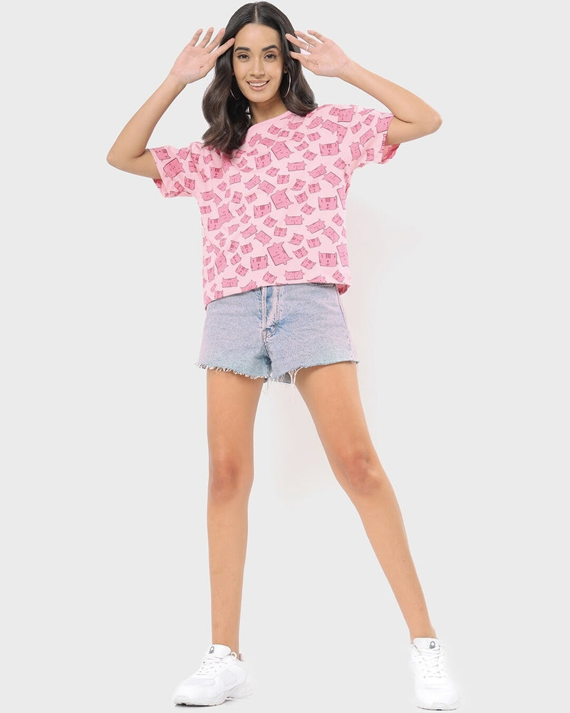 Women Pink All Over Printed Relaxed Fit T-shirt