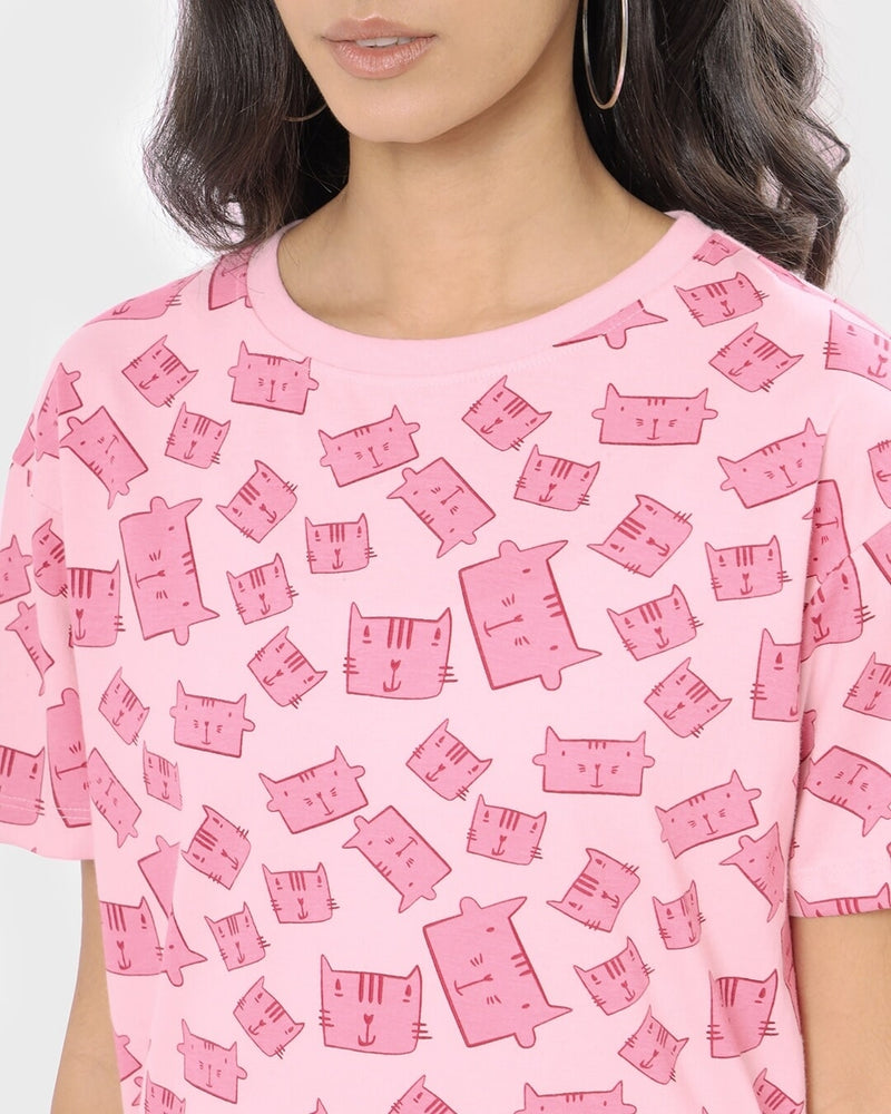 Women Pink All Over Printed Relaxed Fit T-shirt
