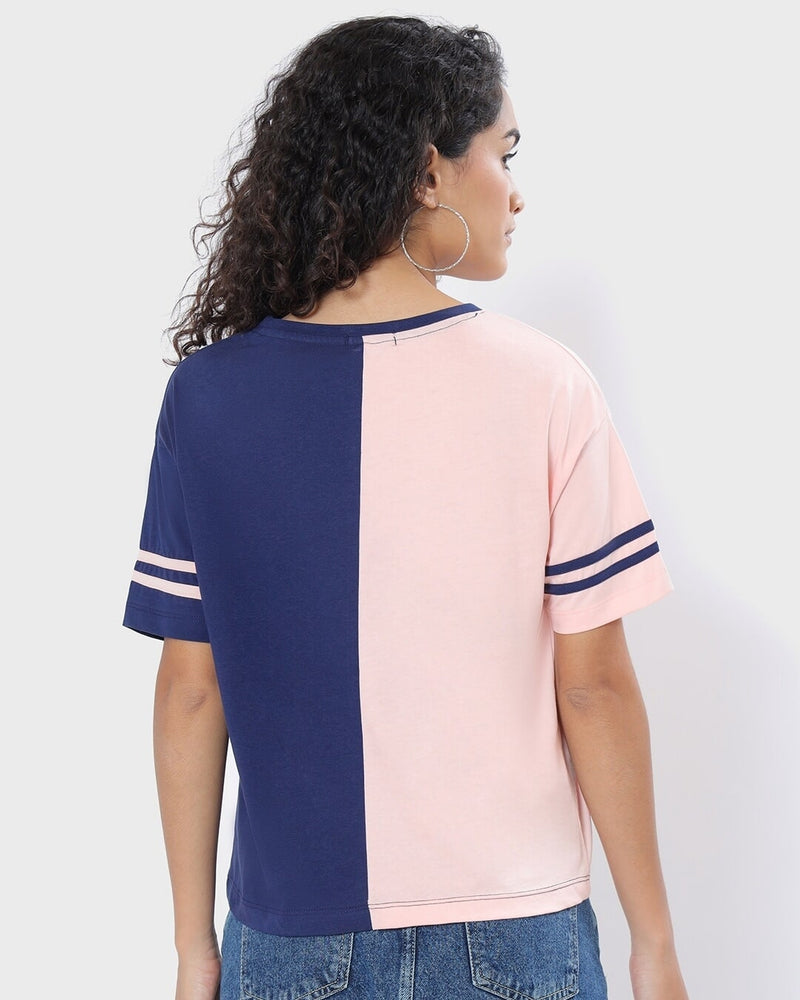 Women Pink & Blue Color Block T-shirt