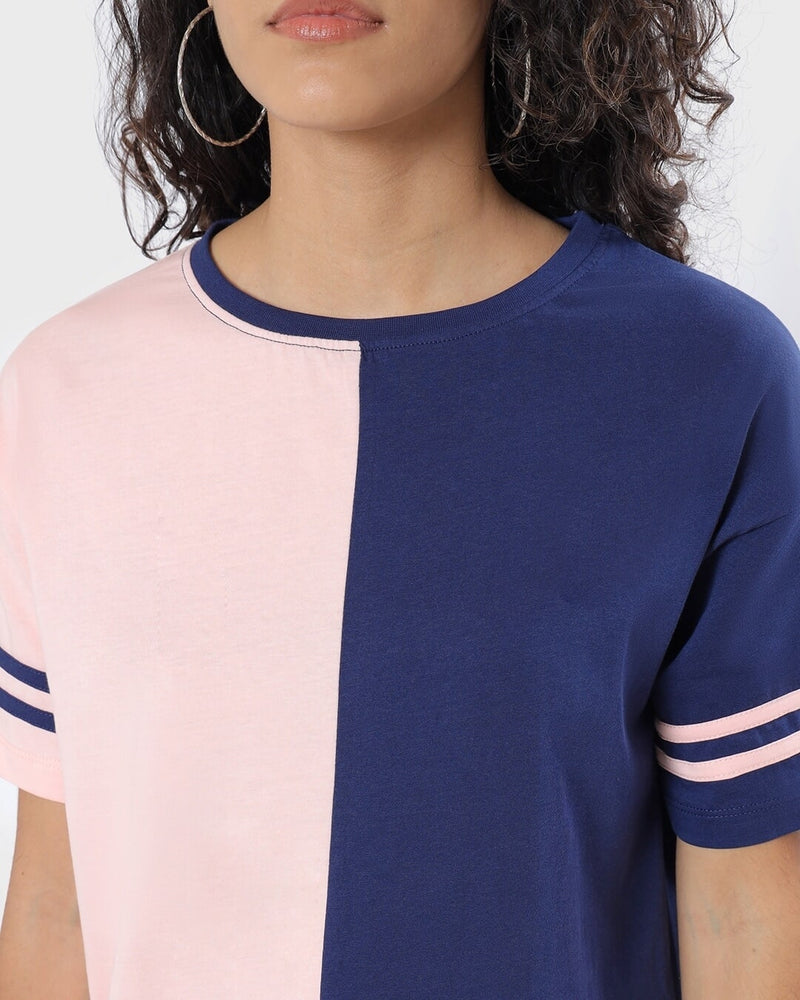 Women Pink & Blue Color Block T-shirt
