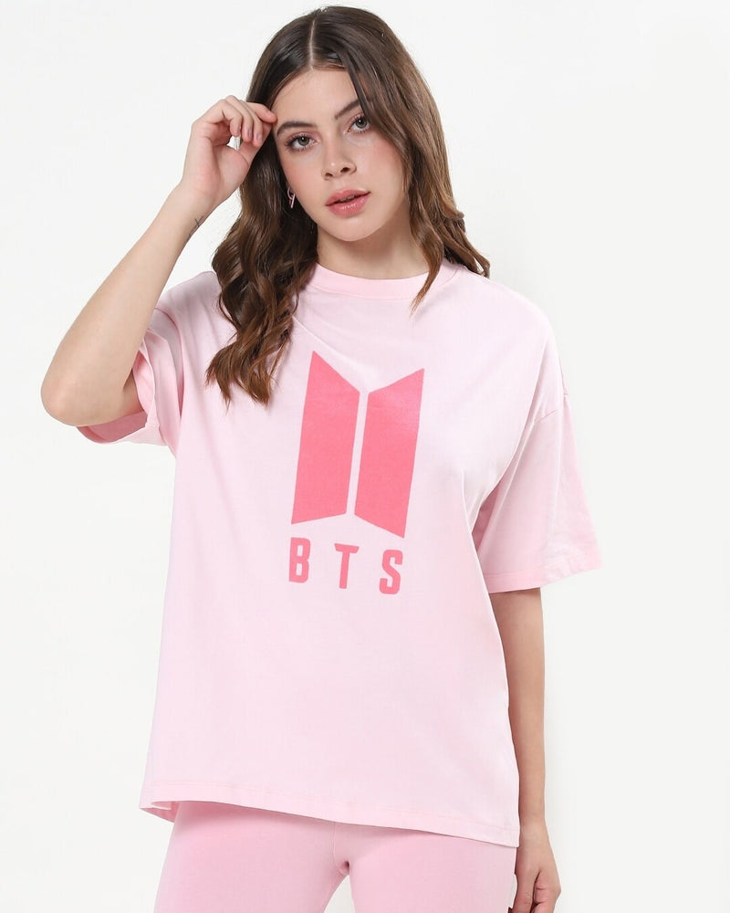 Women Pink Bts Typography Oversized T-shirt