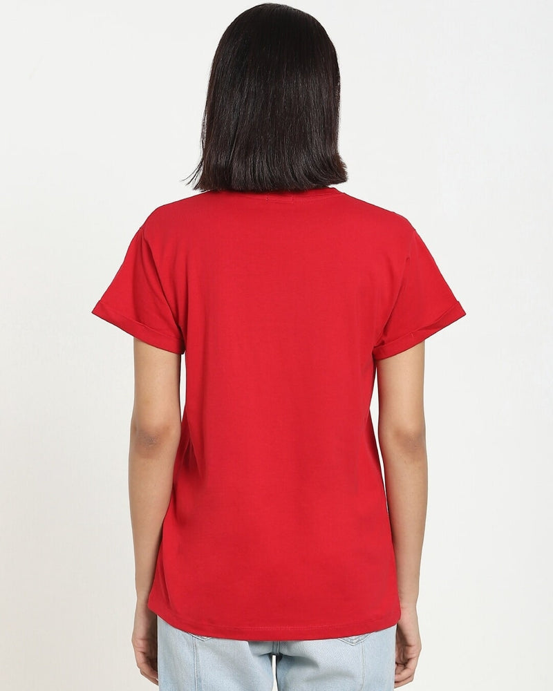 Women Red Climbing Pocket Panda T-shirt