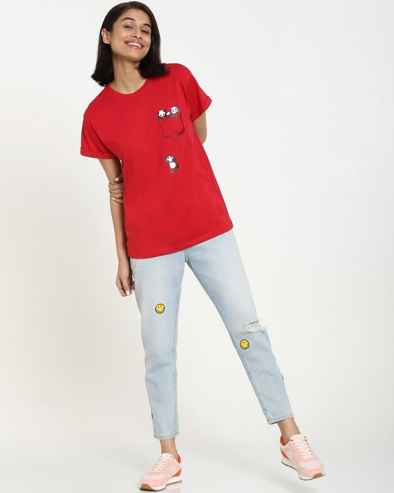 Women Red Climbing Pocket Panda T-shirt