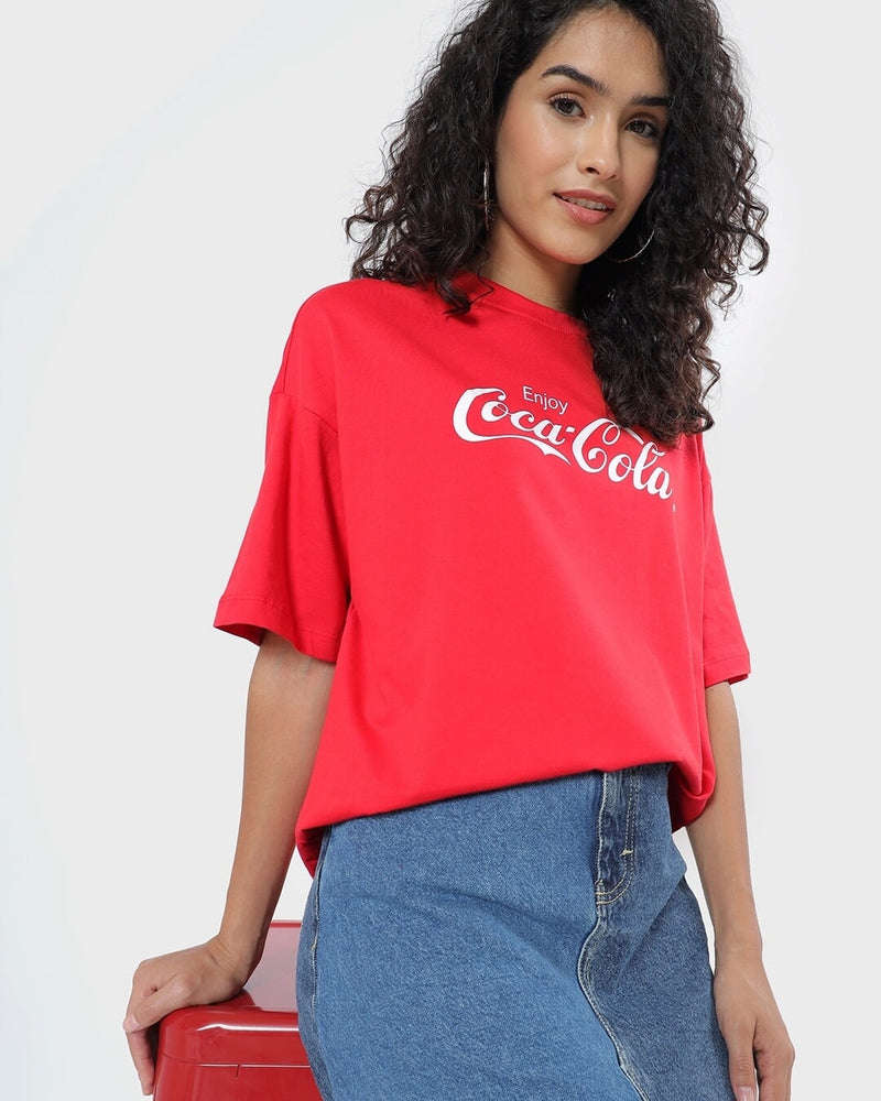 Women Coca-cola Merchandise Red Enjoy Coca-cola Typography Oversized T-shirt