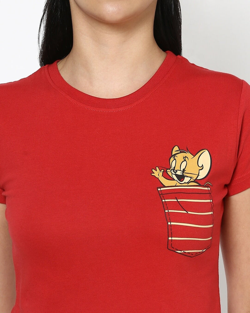 Women tom & jerry merchandise red pocket jerry slim fit t-shirt