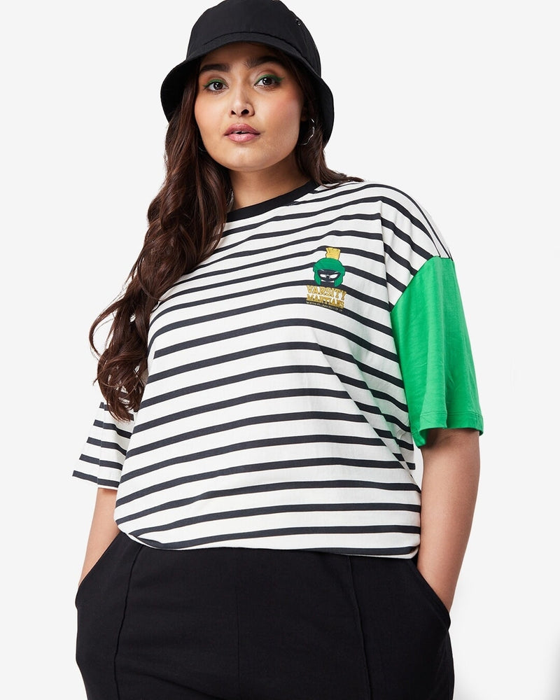 Women White Varsity Stripe Plus Size Oversized T-shirt