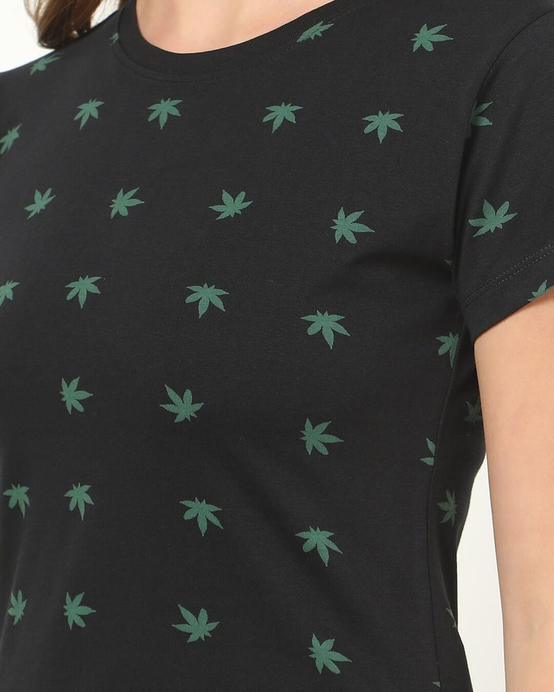 Women Weed Leaf Half Sleeve T-shirt