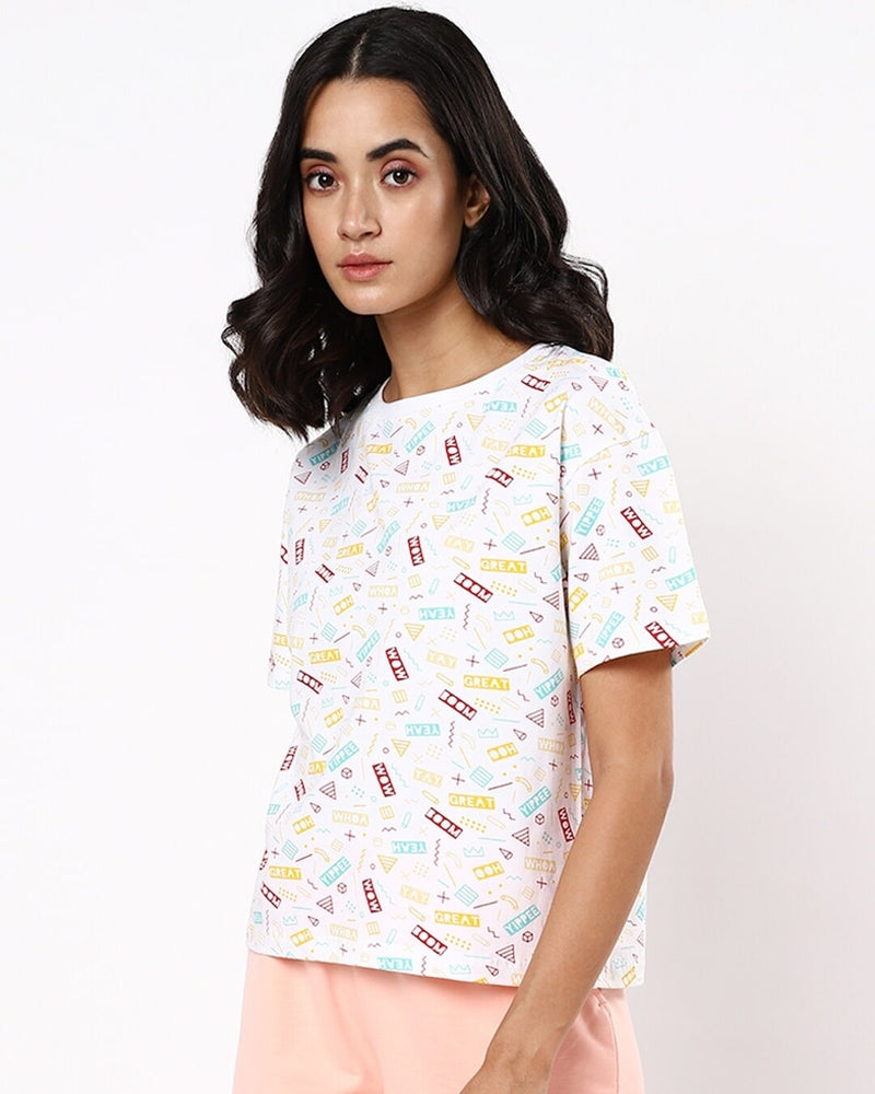 Women White All Over Printed Relaxed Fit T-shirt