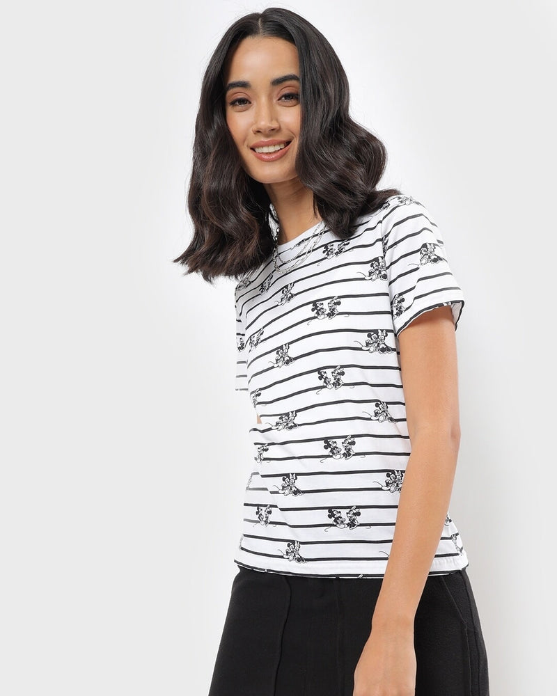 Women Disney Merchandise Women's White Mickey & Minnie Stripe T-shirt