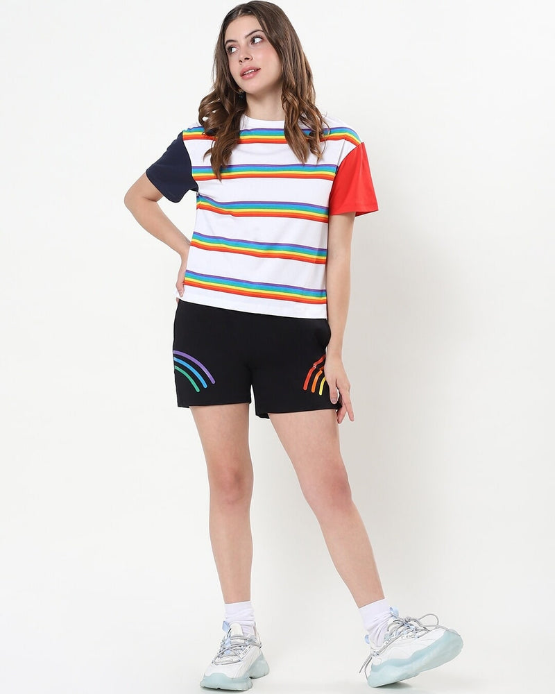 Women White Stripe Color Bock Relaxed Fit Short Top