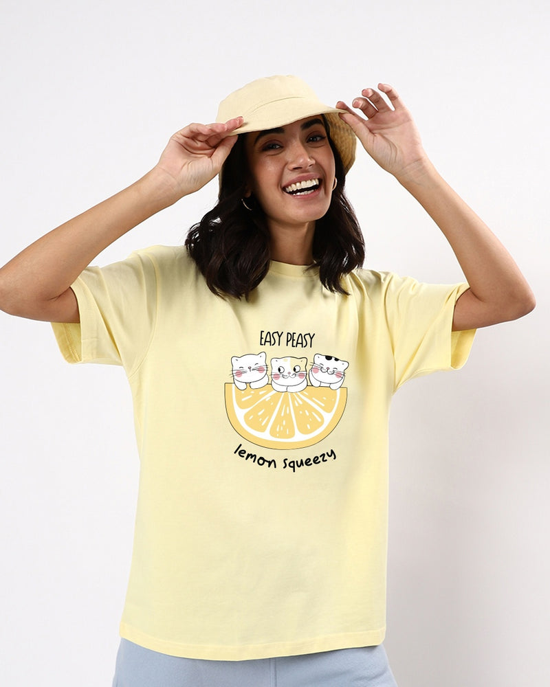 Women Yellow Easy Peasy Lemon Squeezy Graphic Printed Oversized T-shirt