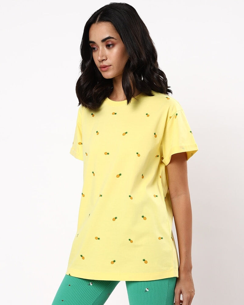 Women Yellow Tail All Over Pineapple Printed Boyfriend T-shirt