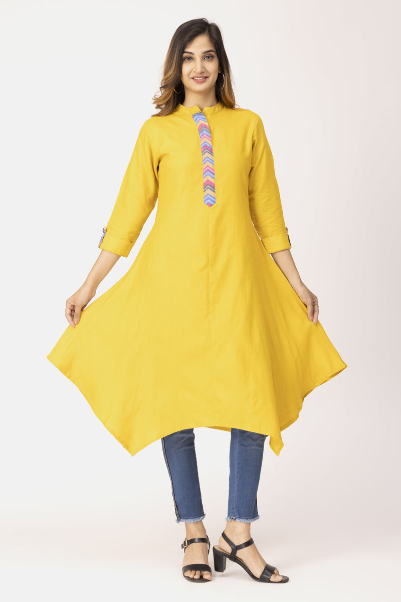 Yellow Apple Cut With Contrast Front Placket & High Neck Band