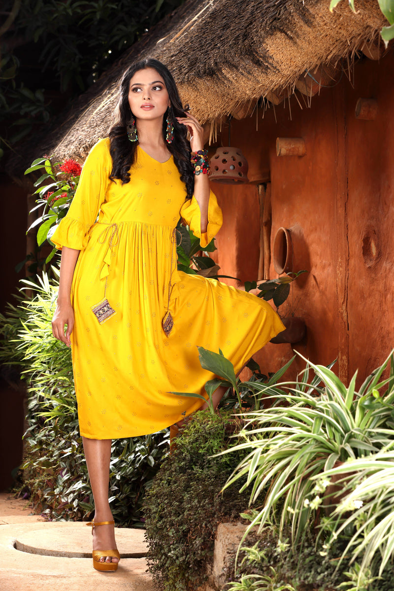 Yellow Gold Khadi Printed A Line Long Kurti