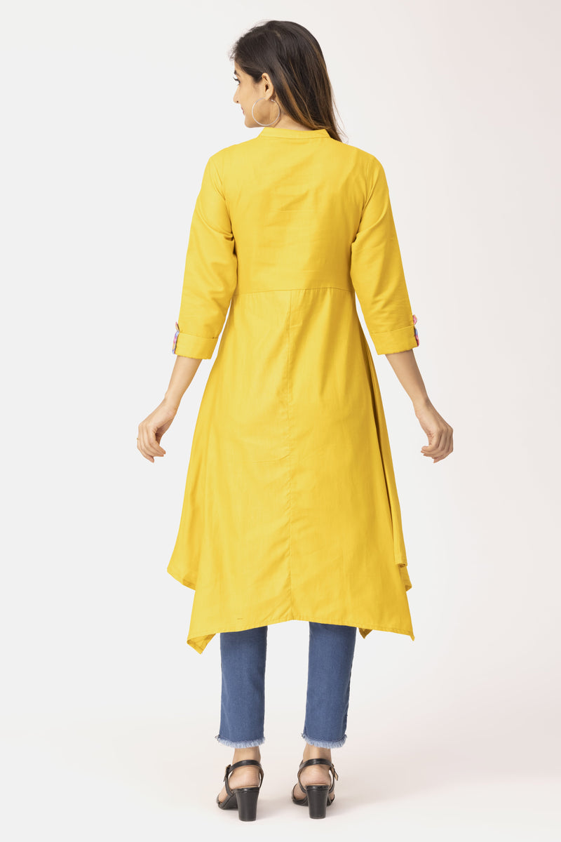 Yellow Apple Cut With Contrast Front Placket & High Neck Band